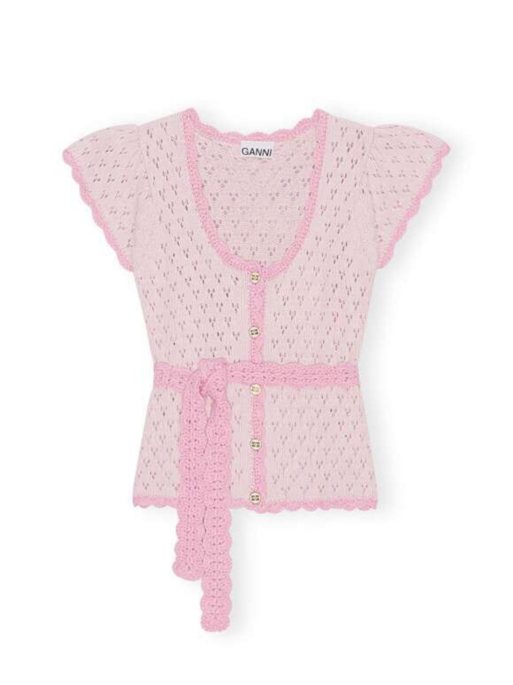 Ganni Pale Pink Crochet Button-Up Top with Belt